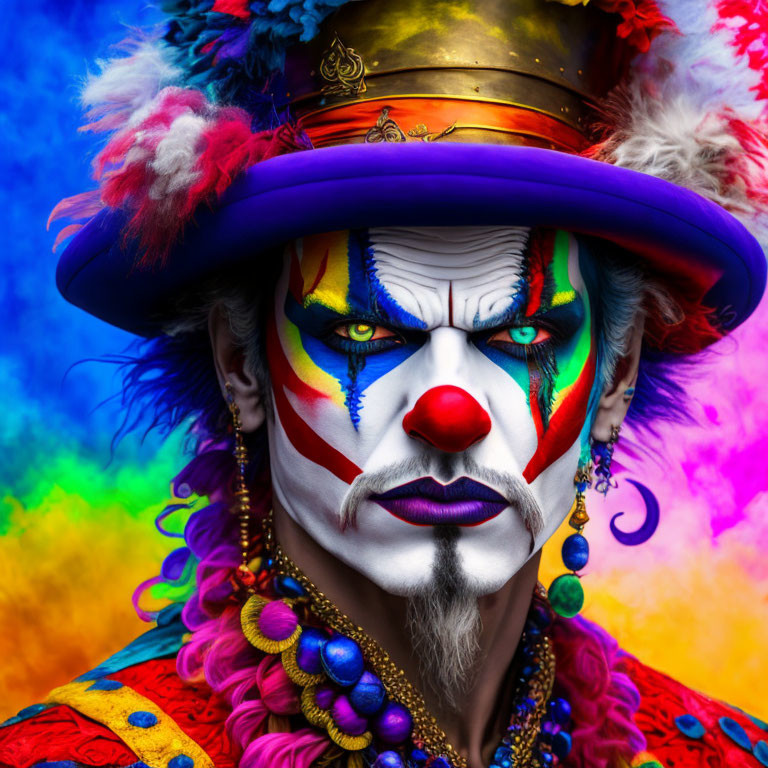 Colorful Face Paint and Top Hat Portrait with Intense Expression