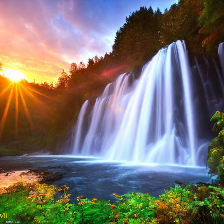 Majestic waterfall at sunset in vibrant greenery