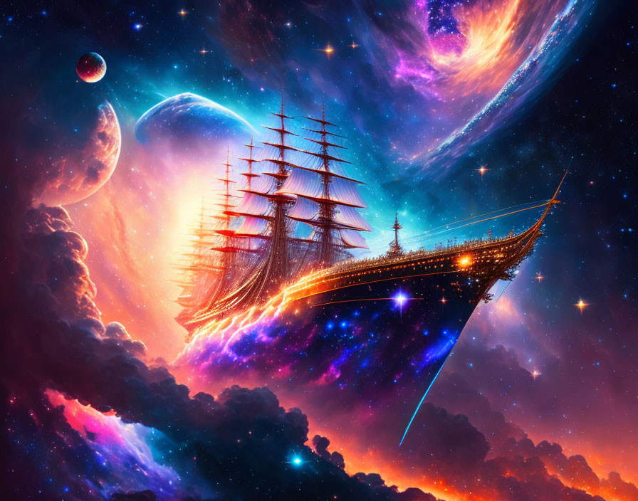 Majestic sailing ship in vibrant cosmic scene