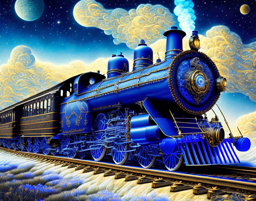 Blue steam locomotive on vibrant sky with golden clouds and dreamlike landscape