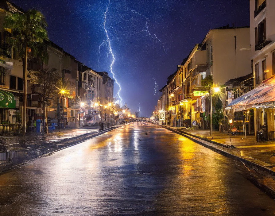 Rainy city street at night with lightning and starry sky