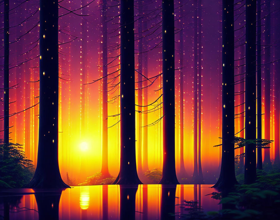 Tranquil forest landscape with glowing light and twinkling particles