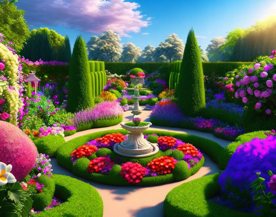 Manicured garden with colorful flowers and fountain