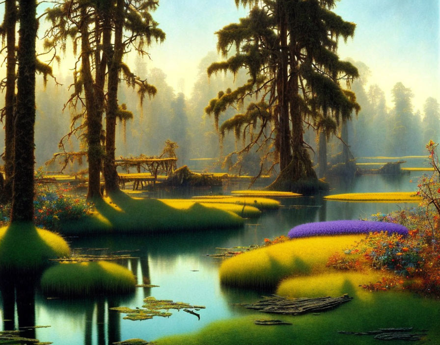 Serene forest landscape with mossy trees, peaceful waters, and colorful flowers