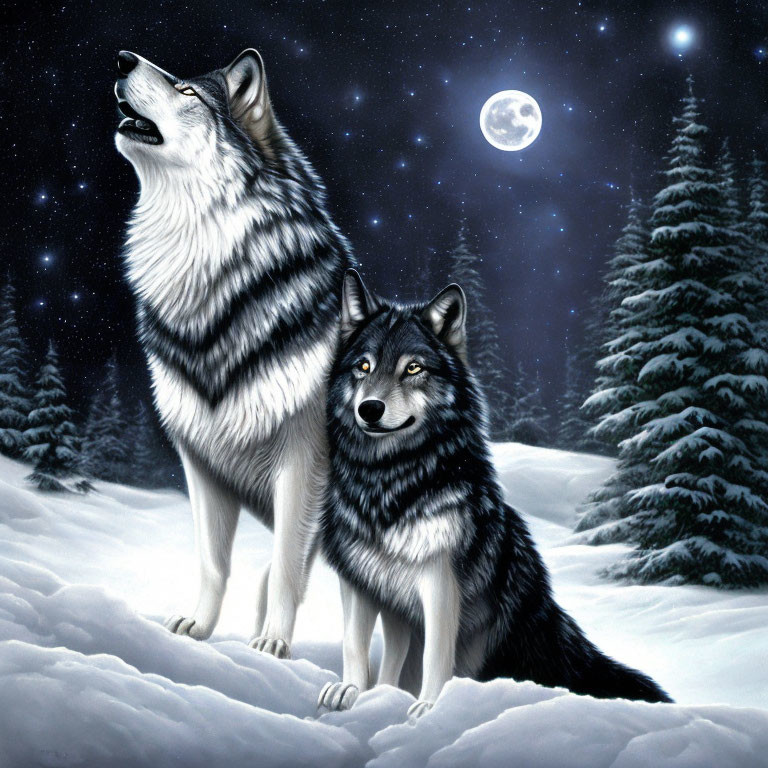 Two wolves in snowy forest at night: one howling at full moon, another sitting calmly.