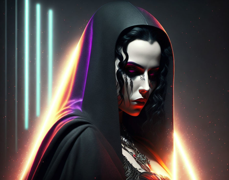 Pale-skinned figure in black hood with silver jewelry under neon lights