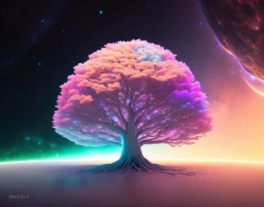 Colorful rainbow tree on barren horizon with stars and planet.