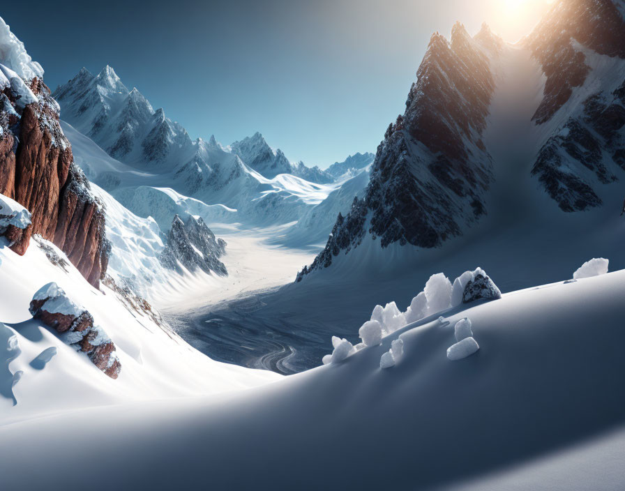 Snow-covered mountain landscape with sunlight and shadows.