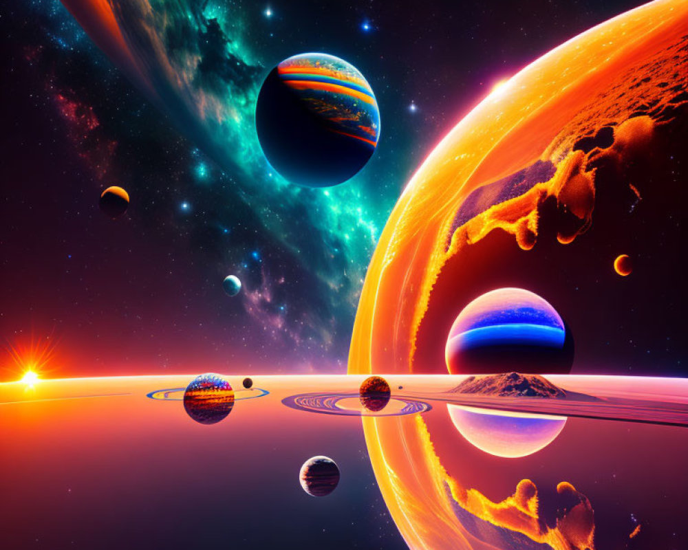 Colorful cosmic scene with planets, glowing sun, and nebulae in vibrant hues.