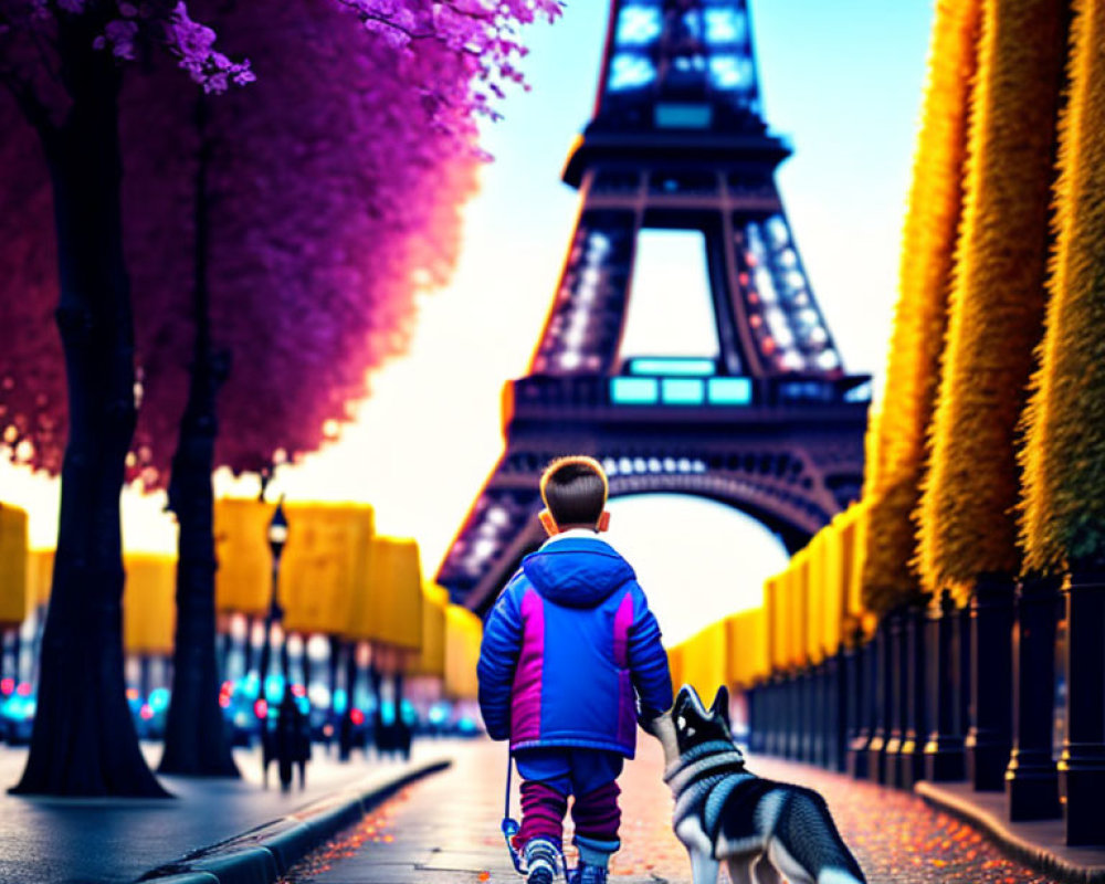 Child and dog walking towards Eiffel Tower at twilight amid blooming trees and trimmed hedges