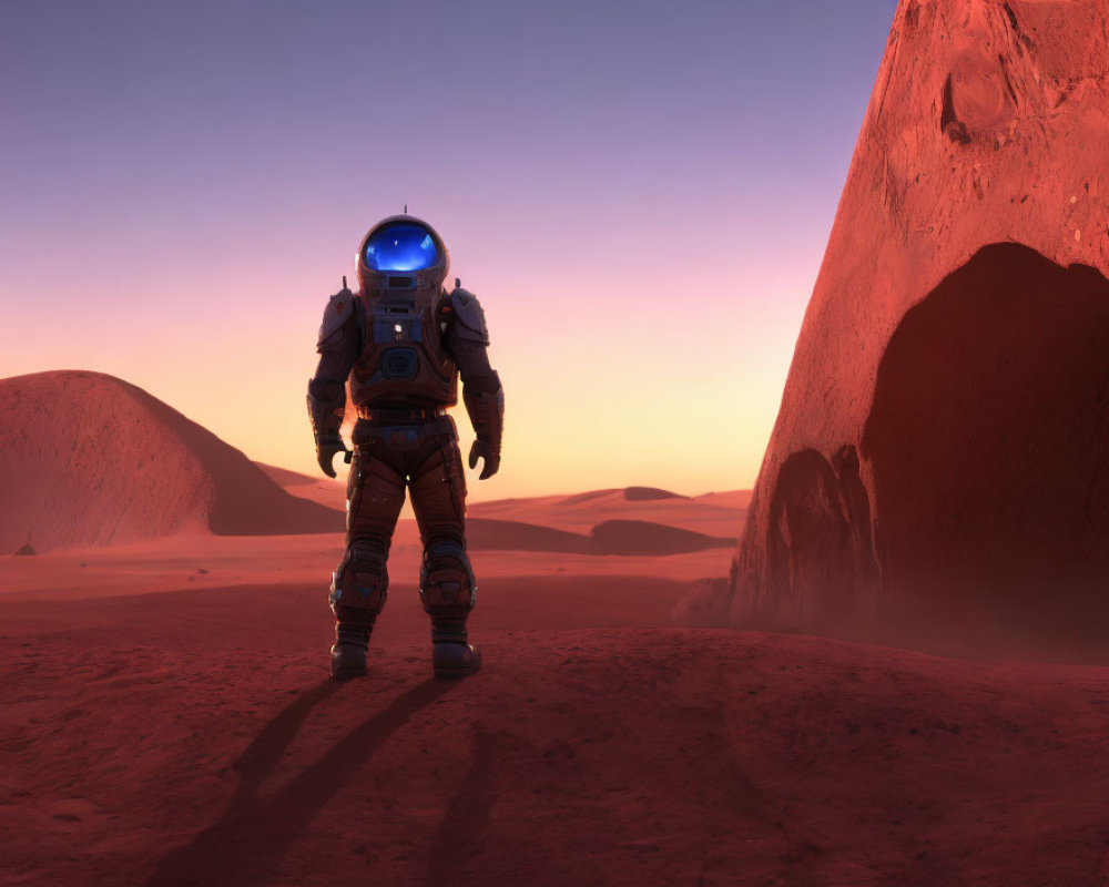 Astronaut on Red Alien Landscape with Glowing Visor at Sunset