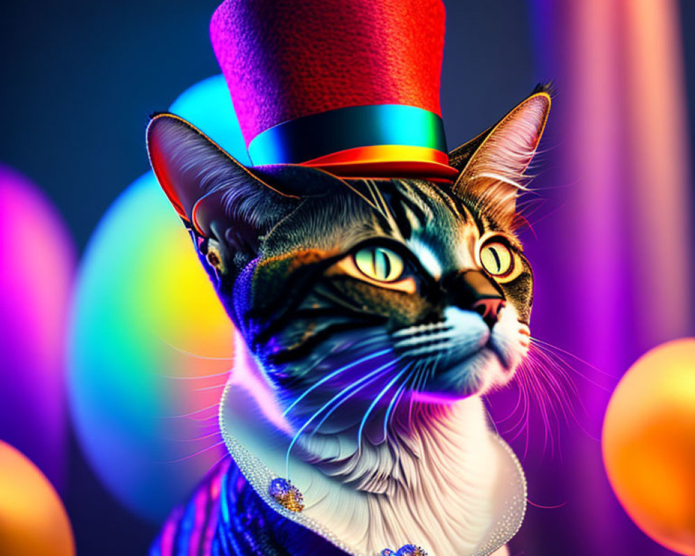 Colorful Cat in Red Top Hat with Blue Ribbon & Gemstone Necklace