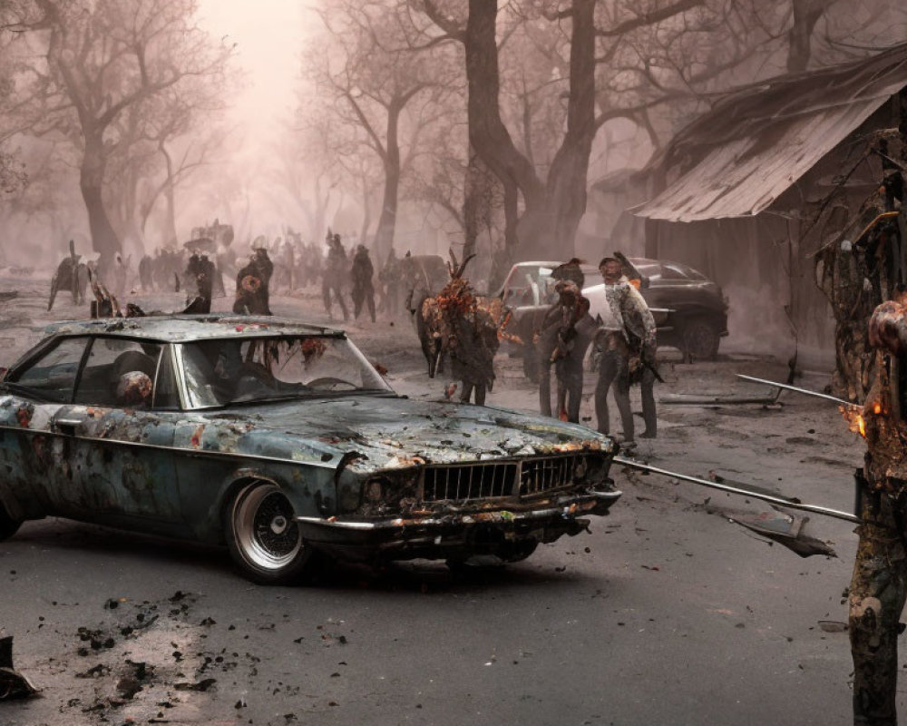 Survivors and zombies in post-apocalyptic setting with burned-out cars and desolate trees in haze