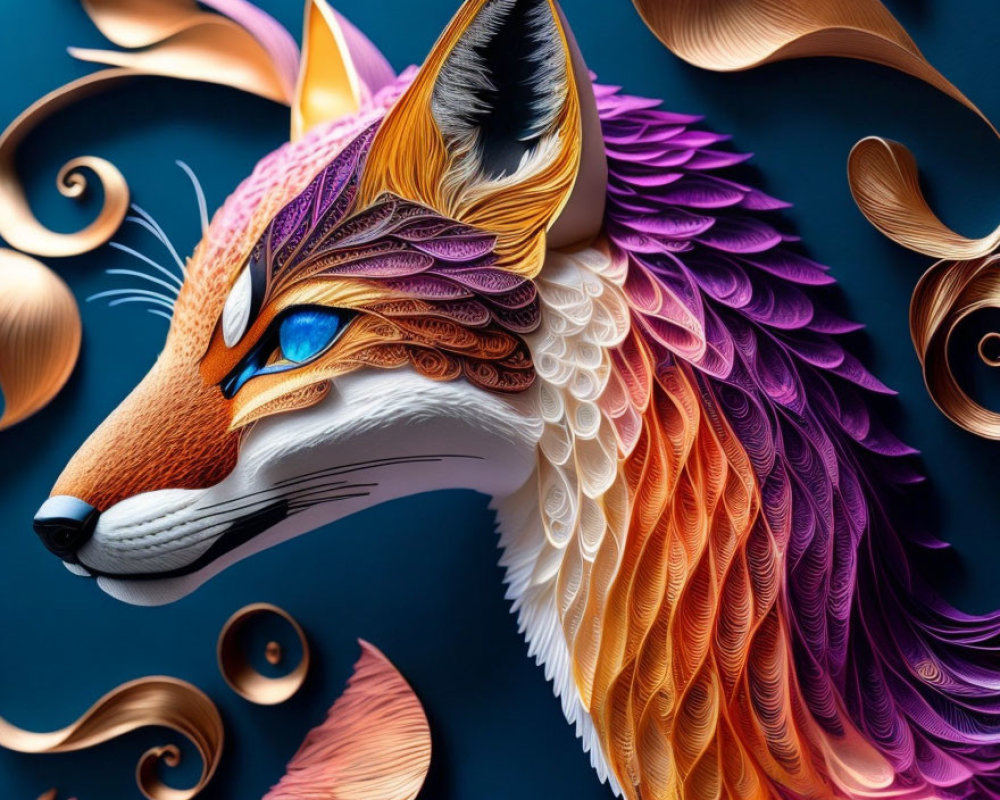 Colorful 3D Paper Art Fox on Dark Blue Background