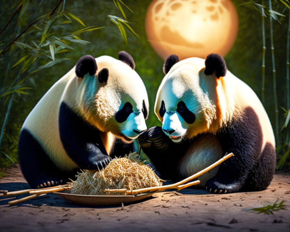 Pandas Eating Bamboo Under Moonlight