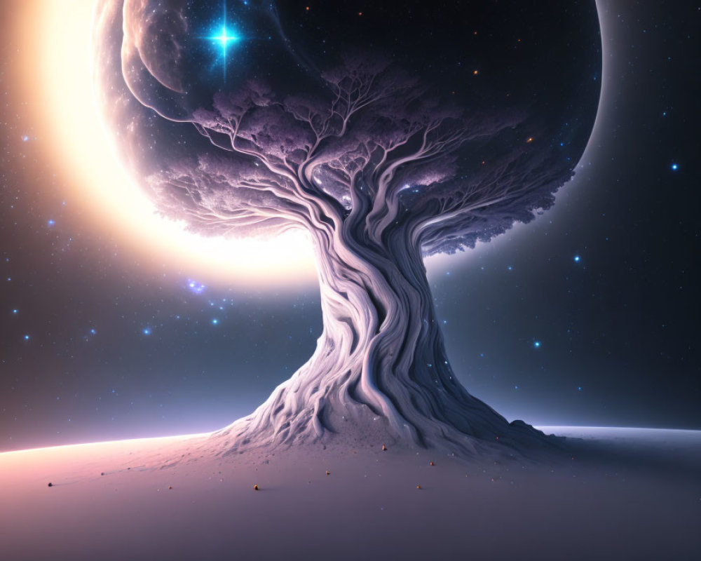 Surreal illustration of massive tree under starry sky