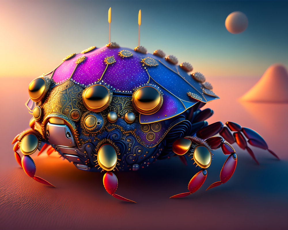 Mechanical crab art with ornate decorations in sunset scenery