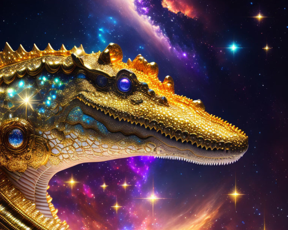 Golden Dragon Head with Jewels in Cosmic Background