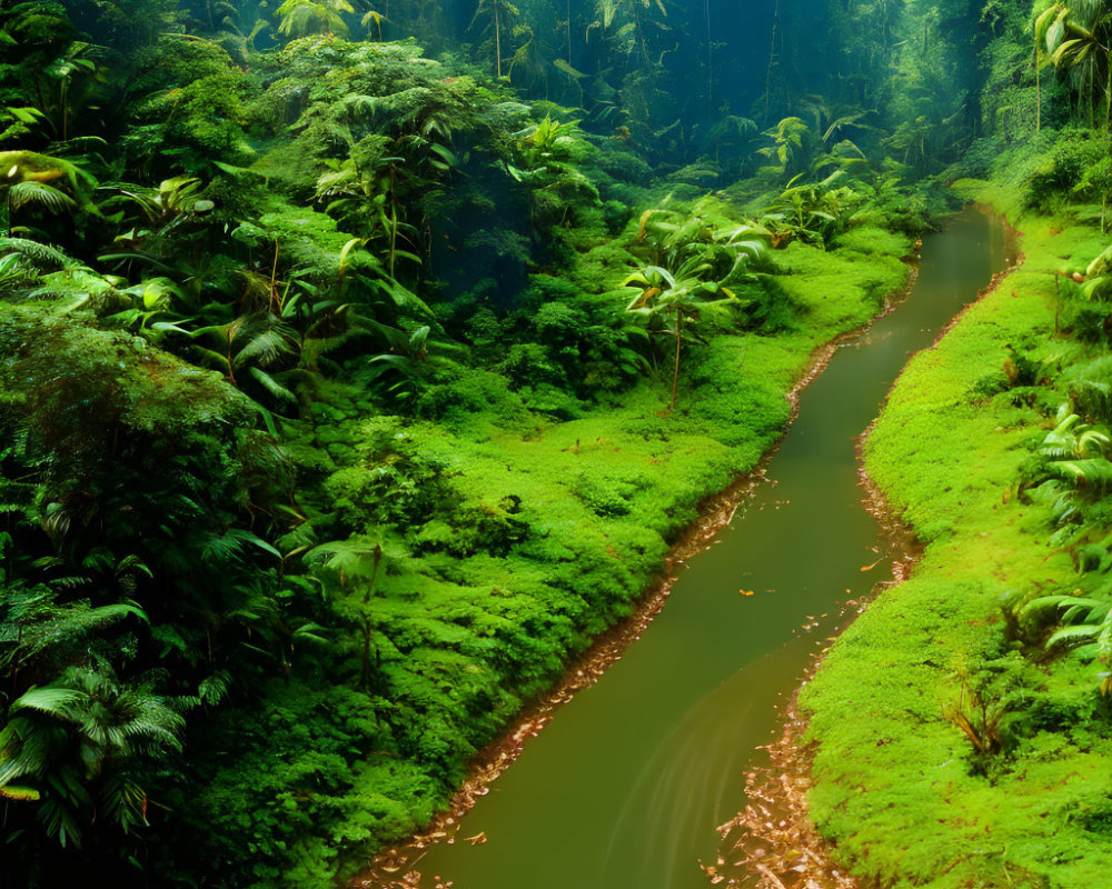 Tranquil river in lush tropical forest with misty trees