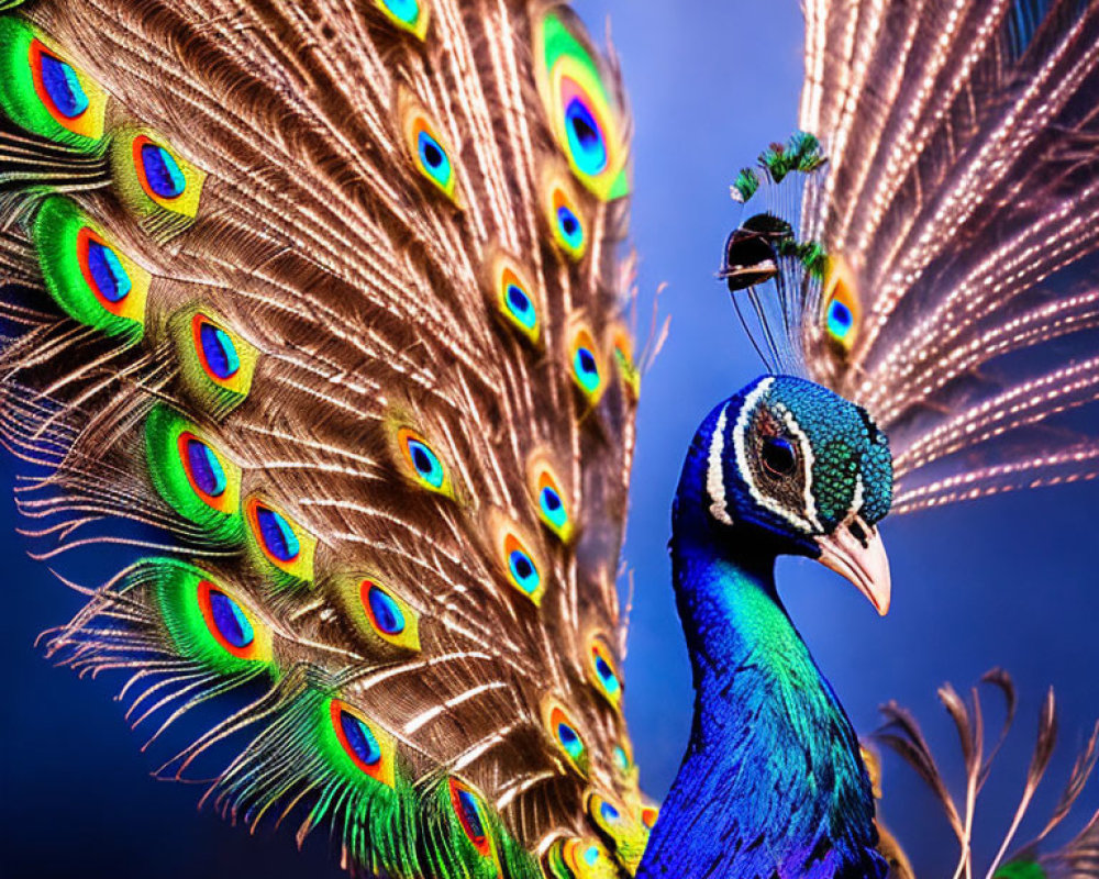 Colorful Peacock with Intricate Eye Patterns on Blue Background