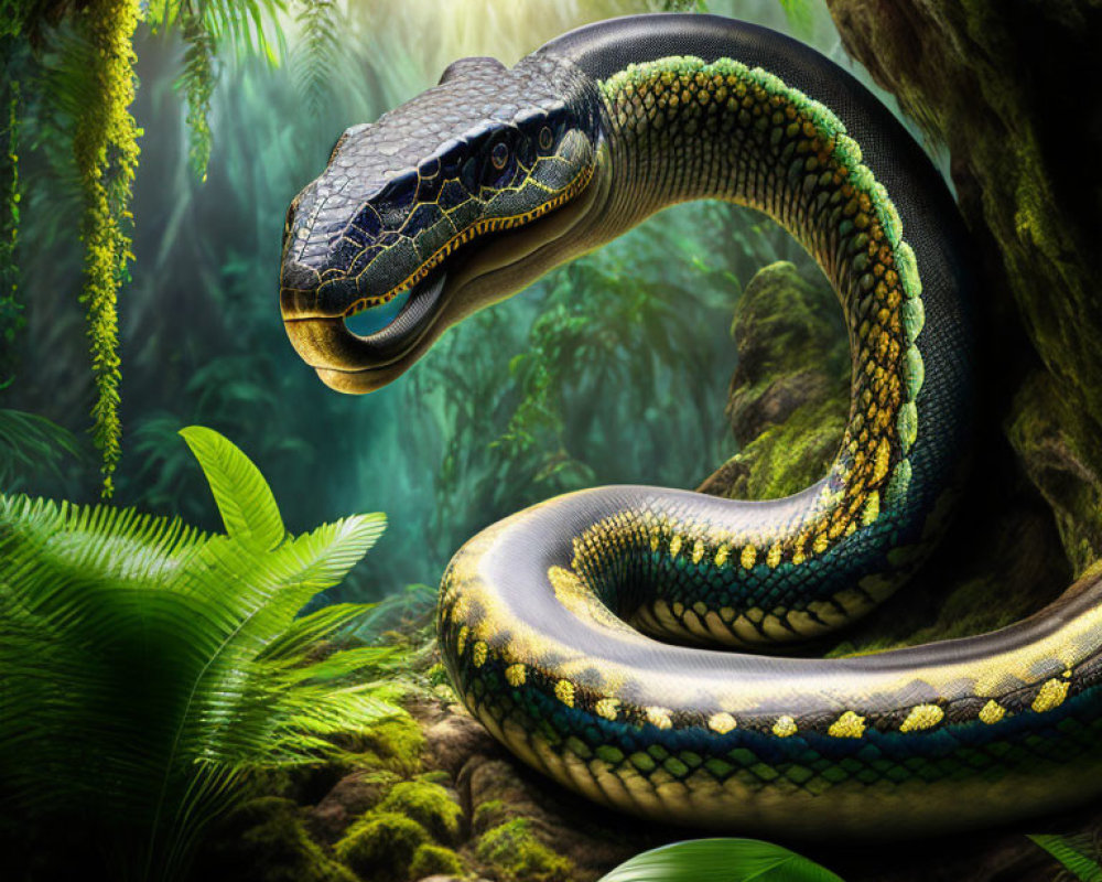 Colorful snake in lush forest with sunbeams