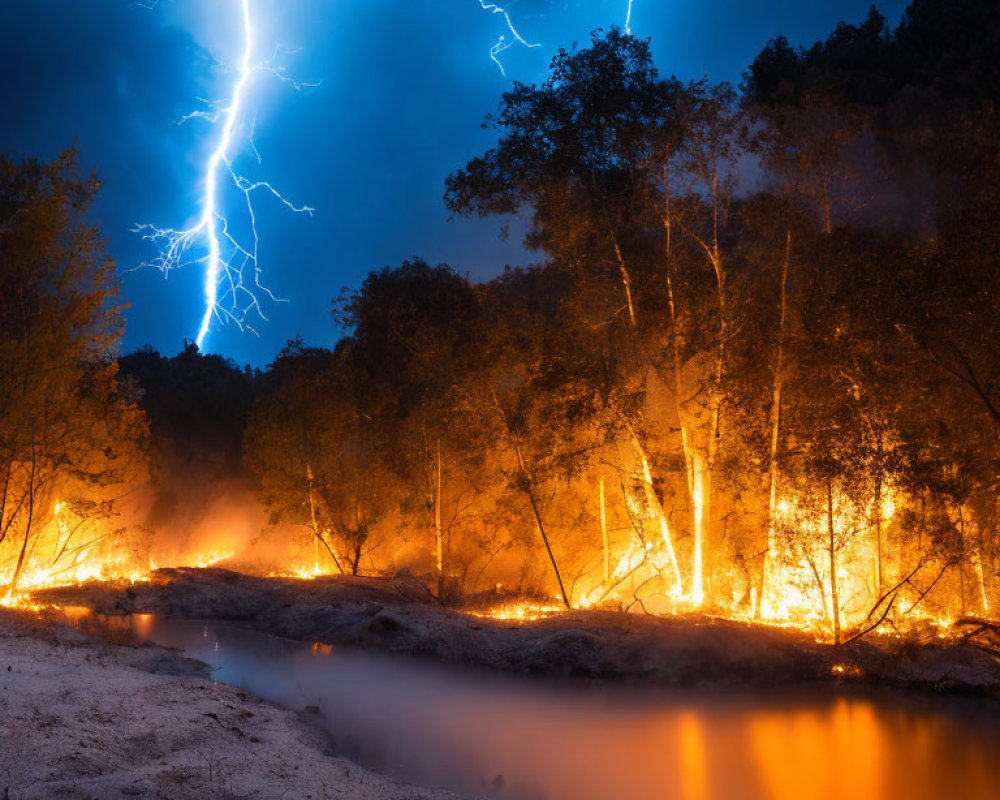 Stormy night forest fire with lightning reflecting on river