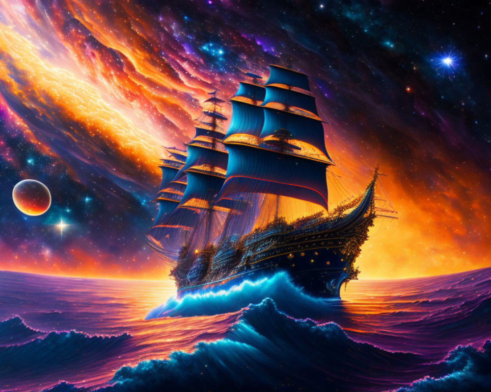 Surreal cosmic ocean with sailing ship and colorful nebulas