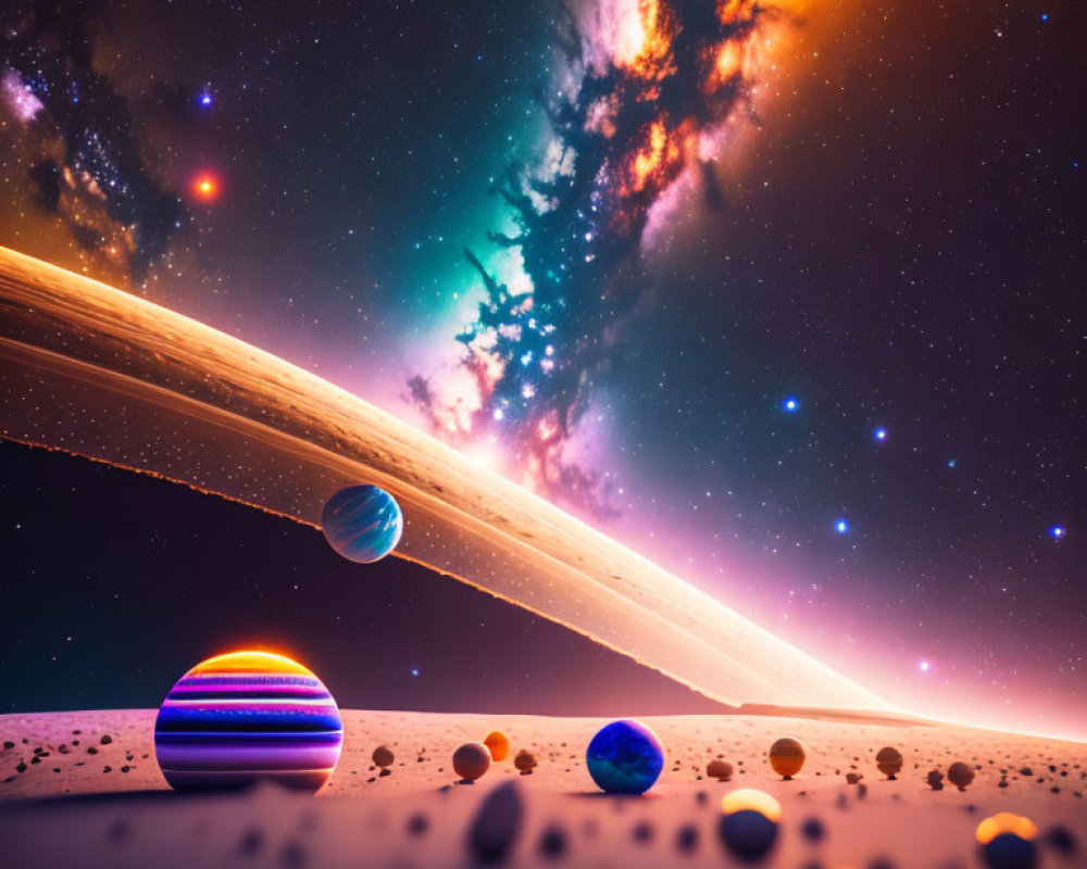 Colorful cosmic landscape with ringed planet, nebula, planets, and asteroid belt.