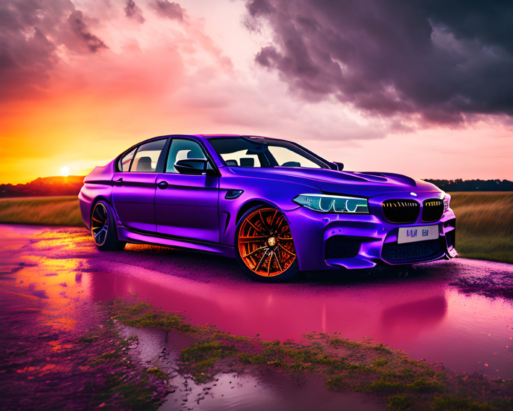 Purple BMW M5 on Wet Road at Sunset