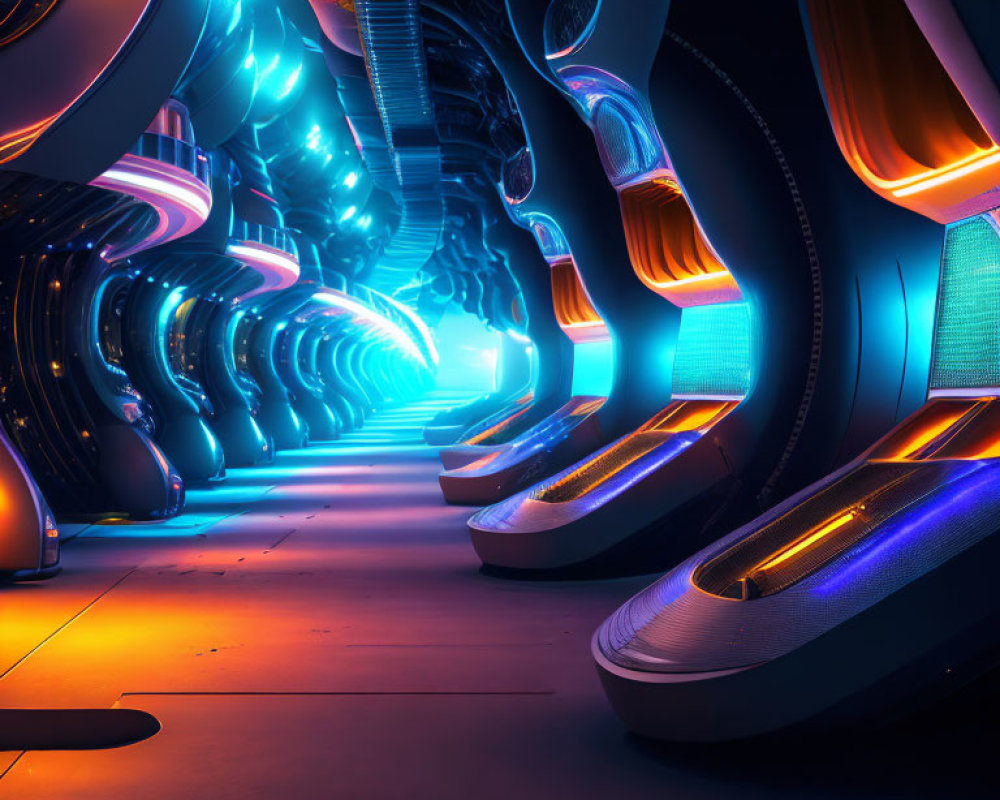 Futuristic corridor with neon lights and sleek, curved architecture