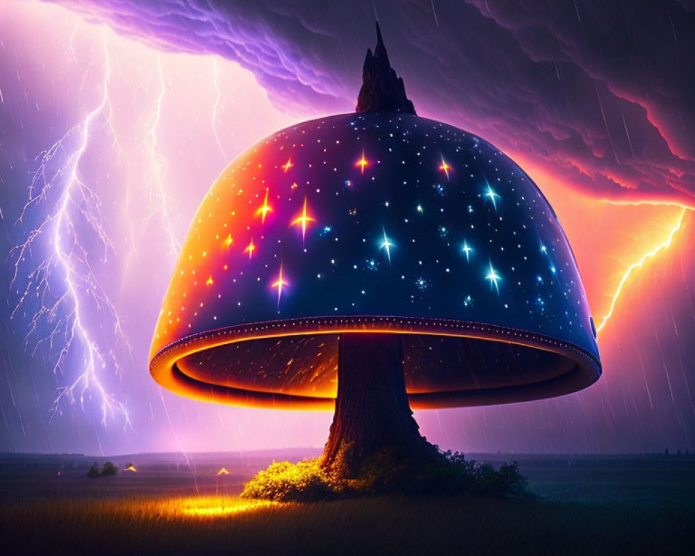 Fantastical UFO hovering above stormy field with vibrant lightning strikes