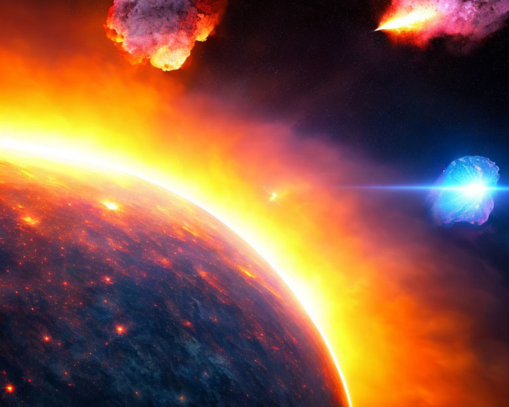 Colorful cosmic scene with glowing star, celestial bodies, and asteroids in space