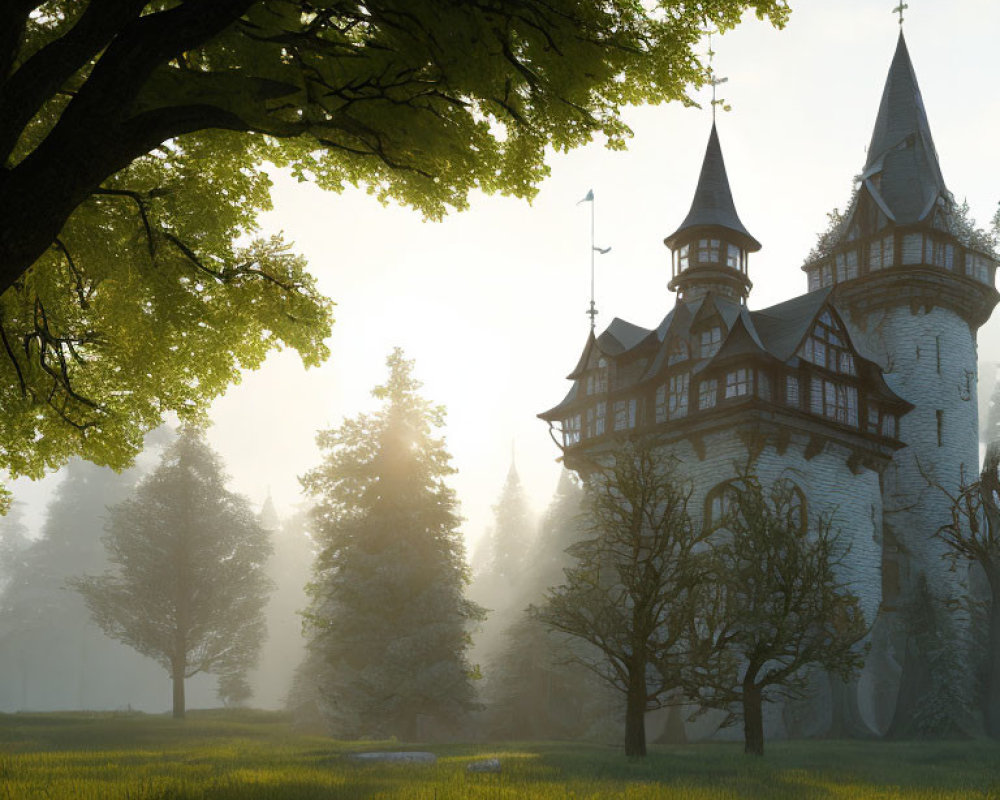 Enchanting fairytale castle in sunlit forest clearing