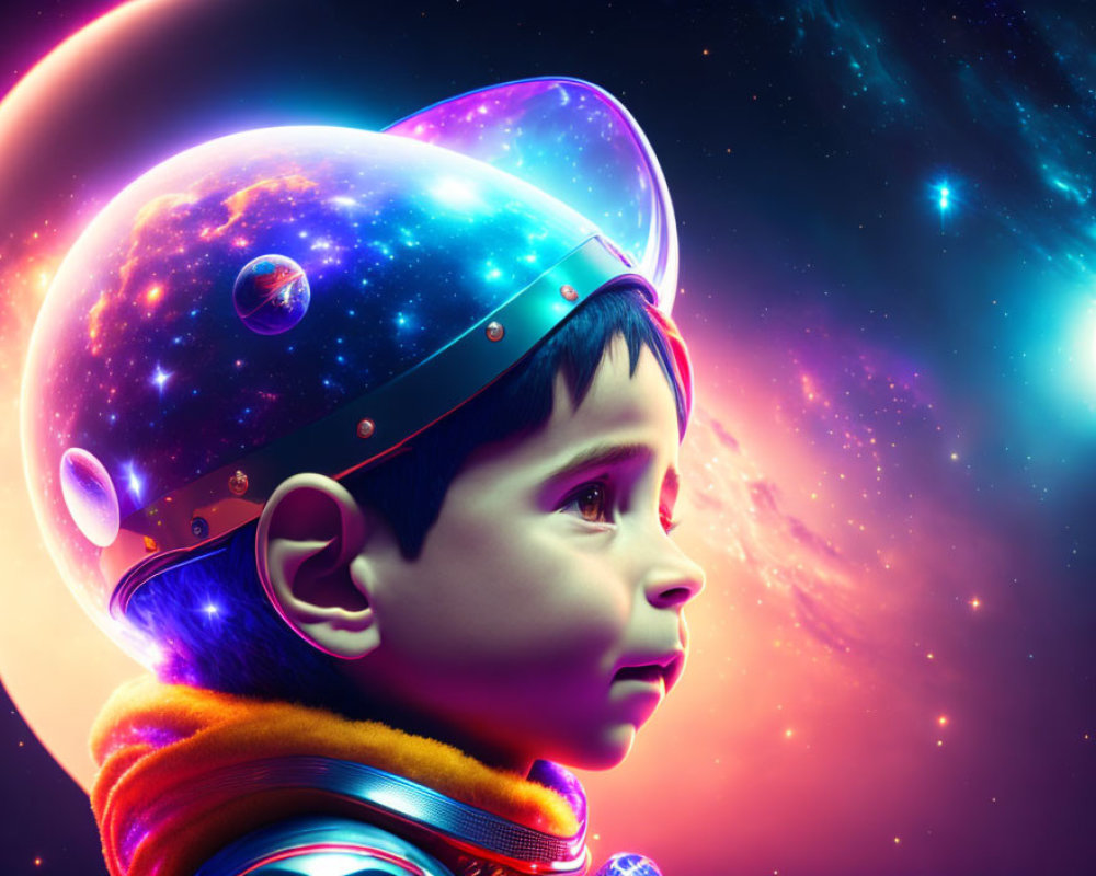 Child in space helmet gazes at vibrant cosmic background