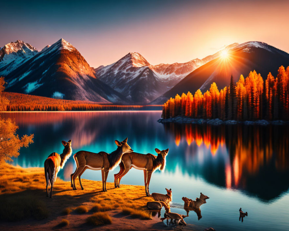 Tranquil mountain lake at sunset with deer family and autumn trees