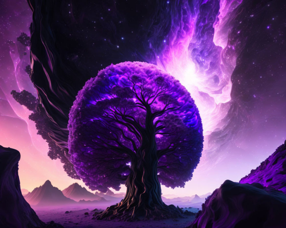 Majestic purple tree under cosmic sky with nebulae on alien planet