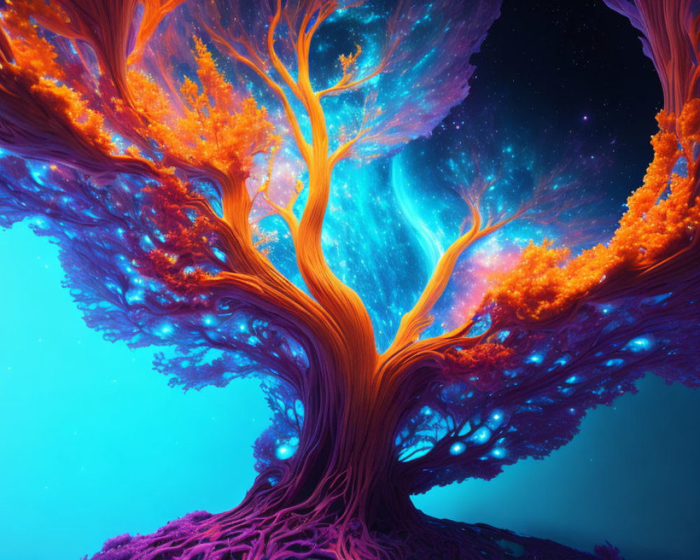 Colorful surreal trees against blue and purple space backdrop with stars