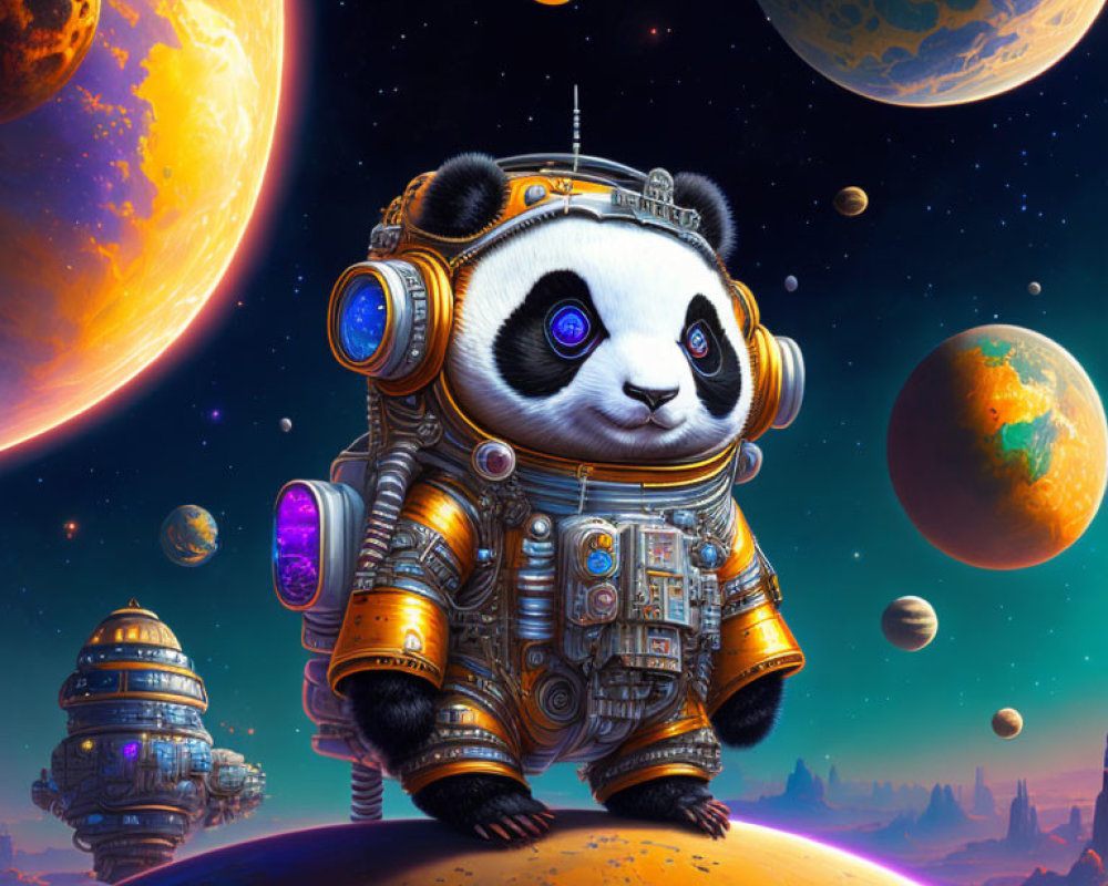 Detailed Panda Astronaut in Cosmic Scene with Planets & Stars