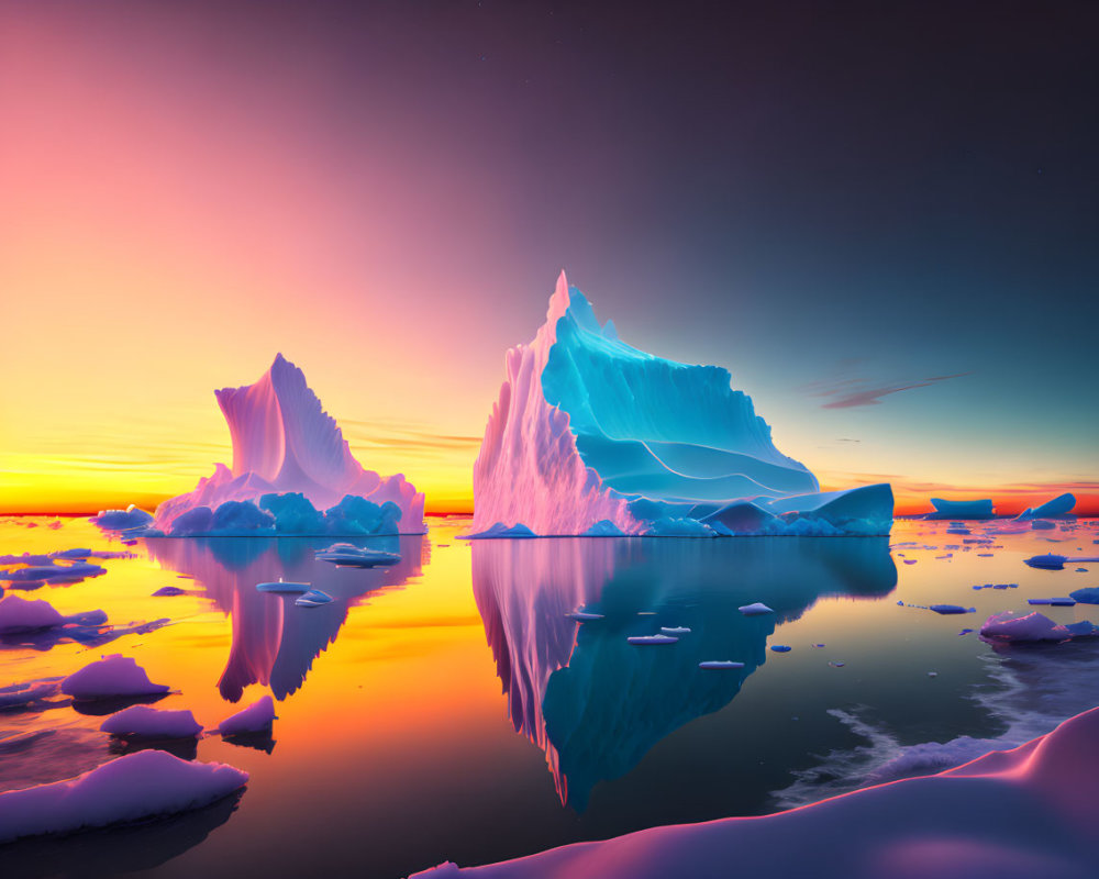 Majestic icebergs under vibrant orange and pink sunset above serene waters