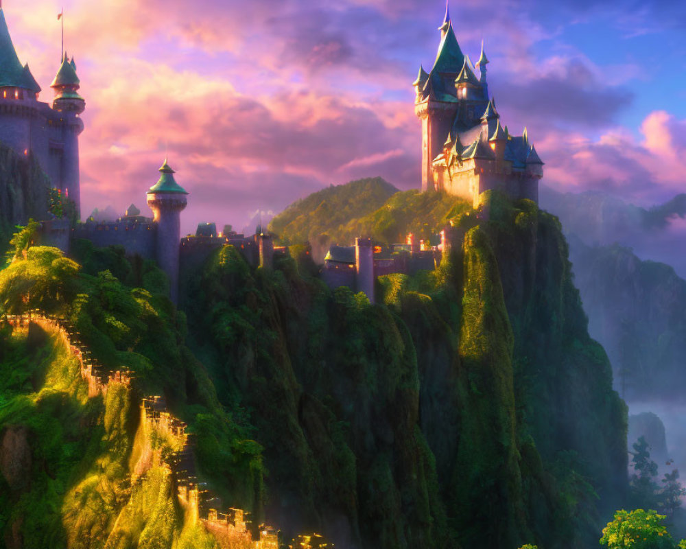 Majestic castle on green cliff with mist and sunrise light