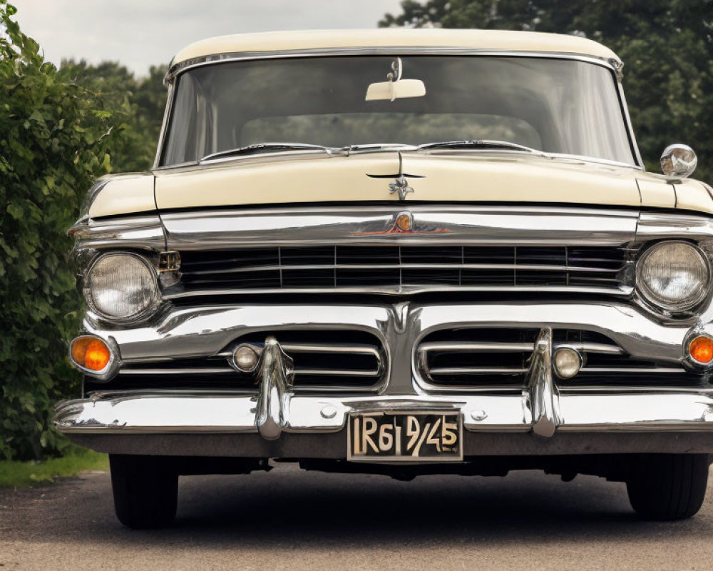 Classic two-tone sedan with chrome details and white-wall tires on road with trees