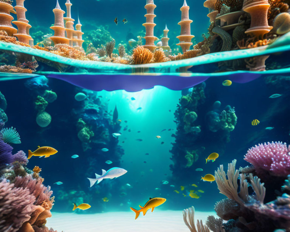 Vibrant coral reefs with castle-like structures in underwater scene