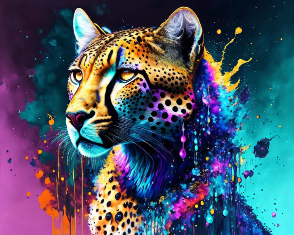 Colorful jaguar head digital art on splattered paint background