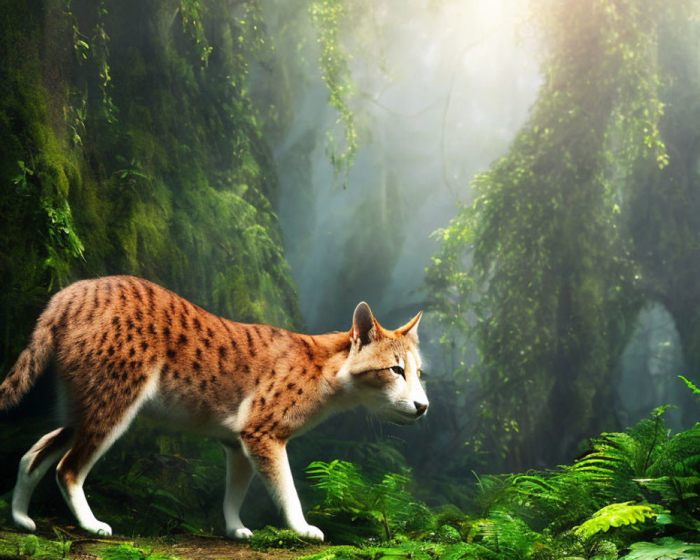 Wild lynx in sunlit forest with lush green foliage and mist.