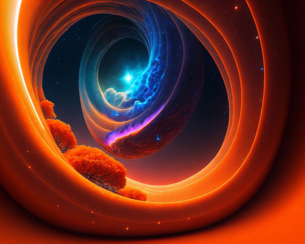 Surreal cosmic whirlpool with blue star and fiery orange trees