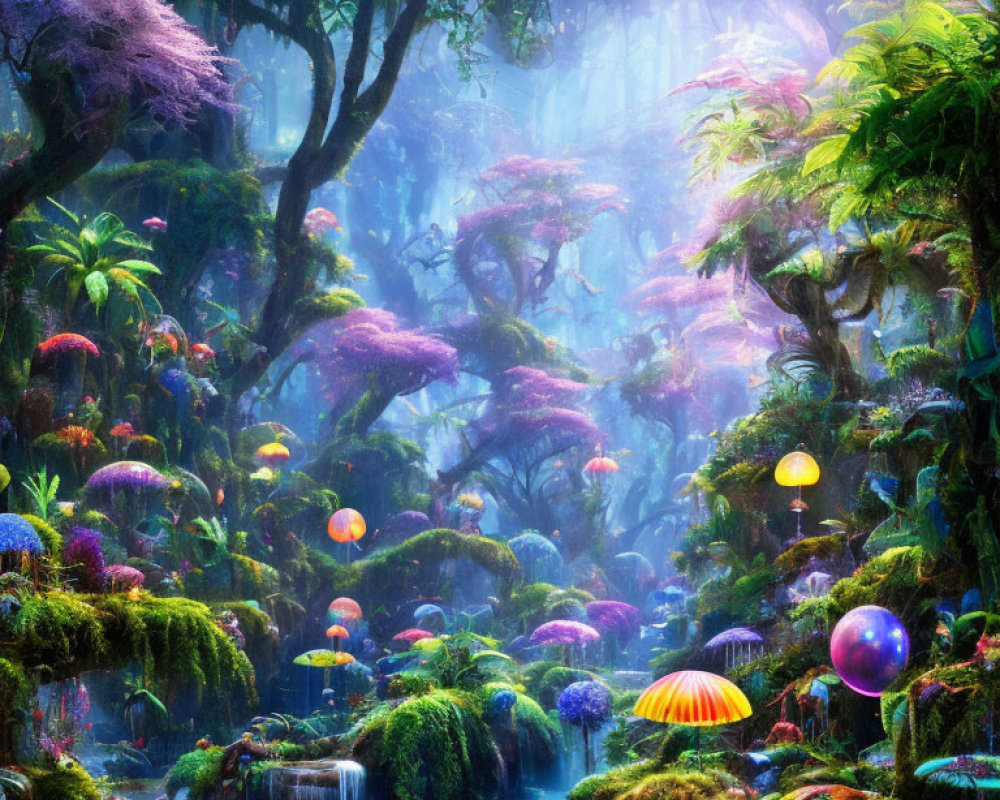 Mystical forest with glowing mushrooms and waterfalls