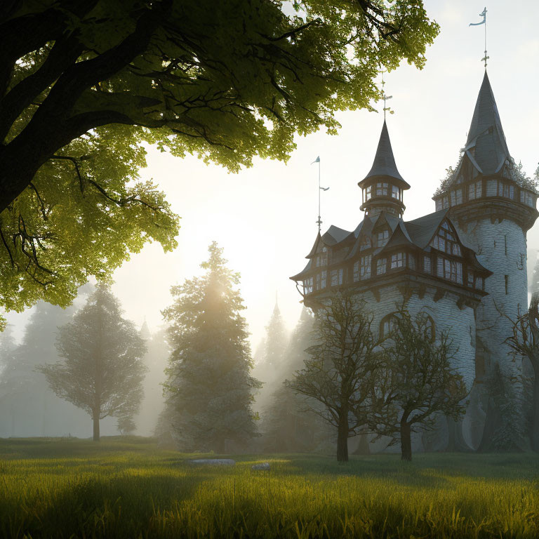 Enchanting fairytale castle in sunlit forest clearing