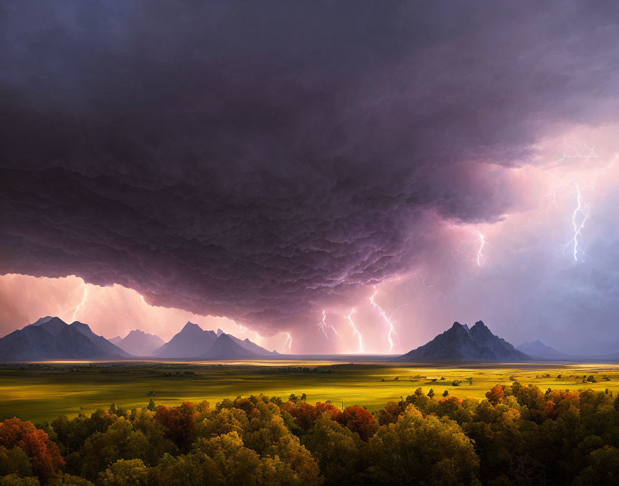 Dramatic landscape with stormy sky and lightning near mountains