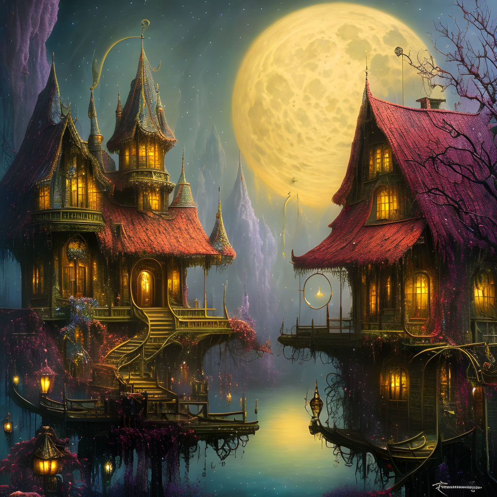 Ornate houses on stilts by water under large moon with glowing flowers and person in canoe