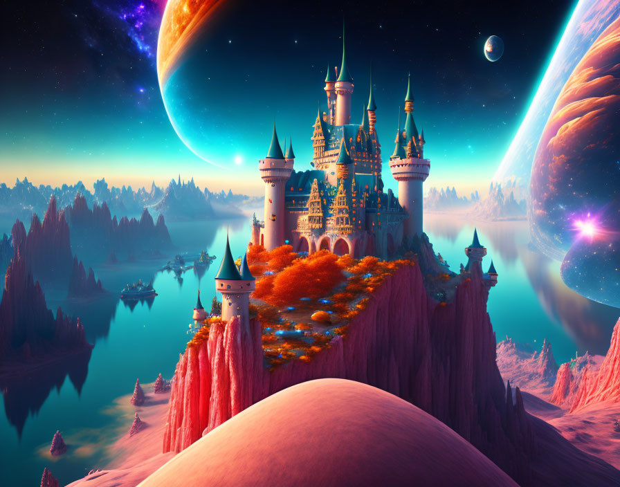 Fantastical landscape with fairy-tale castle, vibrant forests, mystical mountains, and giant planets in